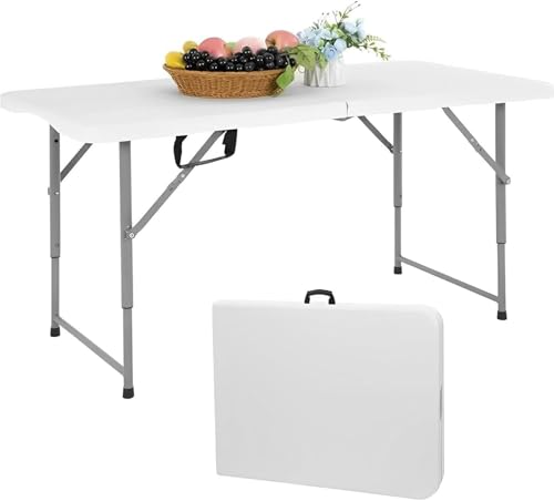 4 Foot Folding Table Adjustable Height 22-30 Inch, Heavy Duty Fold in Half Plastic Table with Steel Legs, Portable Indoor Outdoor Table for Picnic, Camping, Dining, Party - color: White-a, size: 4FT