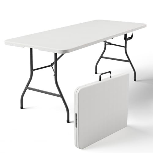 Folding Table 6ft - Heavy Duty Plastic Table with Handle, Foldable & Portable, Fold-in-Half Utility Tables for Outdoor, Dining, Wedding, Events, Indoor, Picnic, Camping, Party (White) - color: White, size: 6ft