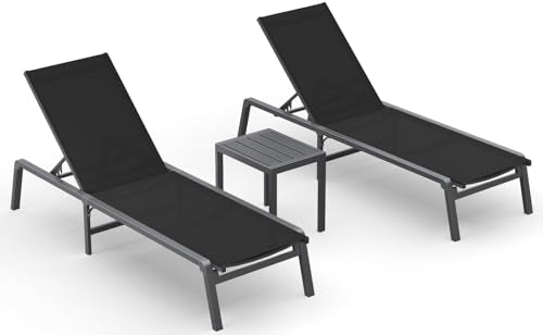 Ciokea Aluminum Foldable Lounge Chairs Set of 2 with 1 Outdoor Aluminum Side Table ，Perfect Match ，Suitable for Courtyard, Balcony, Lawn and Other Scenes，Black - color: Black, size: 2 Chairs + 1 Side Table (3pcs)