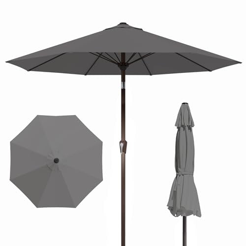PatioKingdom Auto-Tilt 9FT Patio Umbrella Outdoor with 8 Sturdy Fiberglass Ribs,Market Table Umbrella for Pool,Backyard,Deck and Garden - color: Gray, size: 9FT