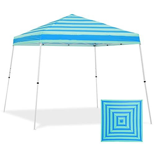EAGLE PEAK 10x10 Slant Leg Pop-up Canopy Tent Easy One Person Setup Instant Outdoor Beach Canopy Folding Portable Sports Shelter 10x10 Base 8x8 Top (Green Blue Stripe) - color: Green Blue Stripe, size: 10x10