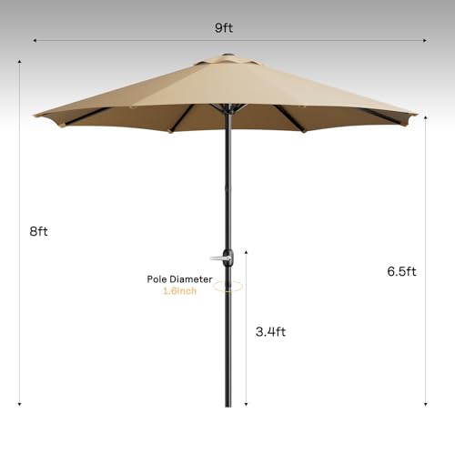 LEVELEVE 9FT Outdoor Patio Umbrella with Easy Crank - UV Resistant & Waterproof Market Umbrella with Ventilated Canopy, 8 Sturdy Ribs & Powder-Coated Frame for Garden, Deck, Backyard, Pool, Patio Table - color: Khaki, size: 9FT