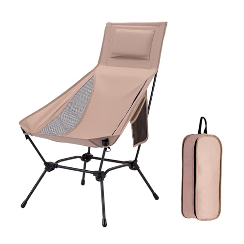 High Back Folding Camping Chair with Pillow, Lightweight Portable Chair for Adults, 2-in-1 Height Adjustment, Deep Recline, Side Pockets for Camping Motorcycle RV Backpacking - color: Khaki - High Back