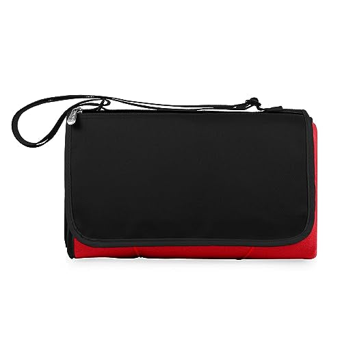 PICNIC TIME Outdoor Picnic Blanket Tote, 59"x51" Foldable Beach & Camping Blanket with Soft Fleece, Water-Resistant Bottom, Adjustable Strap & Zippered Pocket (Red with Black Flap) - color: Red/Black