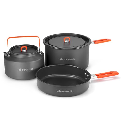 Odoland Camping Cookware Mess Kit, Camping Cooking Pot Fry Pan and 1.1L Kettle Set, Portable Camping Cookware Set with Mesh Bag for Camping, Backpacking, Outdoor Cooking and Picnic - size: 4L Pot + 1.5L Fry Pan + 2.0L Kettle