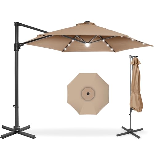 Best Choice Products 10ft Solar LED Offset Cantilever Hanging Market Patio Umbrella, Smooth 360° Rotation, 8 Sturdy Ribs, Easy Adjustment - Tan - color: Tan, size: Offset w/ 360° Rotation