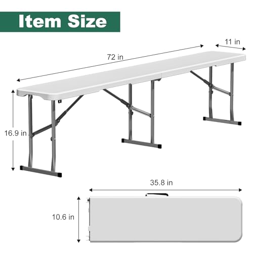 4 Pack 6ft Folding Bench, Plastic Folding Bench for Picnic Camping Dining Party Garden, 6 feet Foldable Benches for Soccer Multipurpose Entertaining Activities, Smooth HDPE Tabletop, White - color: White, size: 4 Folding Bench