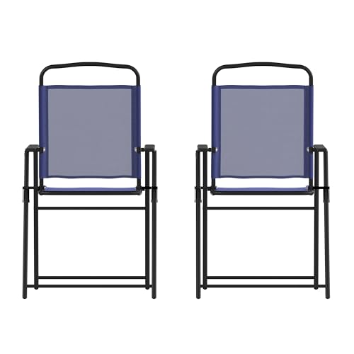 Flash Furniture Mystic Folding Patio Sling Chairs, Outdoor Textilene Lawn Chairs with Armrests, Set of 2, Navy - color: Navy