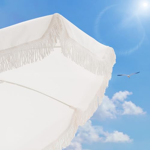 Lefedrasticity Boho Outdoor Umbrella with Tassels,6ft Table Umbrella Outdoor Patio with Knobs Tilt,Wind Resistant Portable Beach Umbrella UPF50+ Fringe Umbrellas For Pool Backyard Deck Garden - color: White