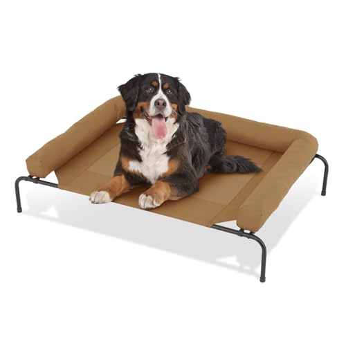 MoNiBloom Outdoor Elevated Dog Bed w/Removable Bolster, Portable Raised Outdoor Dog Bed with Stable Anti-Slip Feet & Breathable Mesh, 55 Inches Length, Light Brown - color: Light Brown, size: 55"L