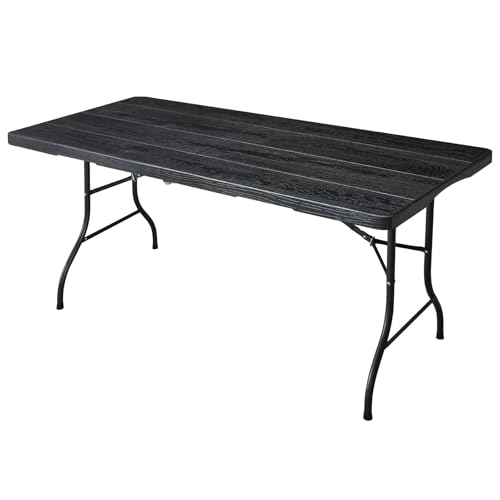 6ft Folding Table, Portable Heavy Duty Plastic Fold-in-Half Utility Table for Indoor/Outdoor Use, Dining, Camping, Picnic, Party, Black Woodgrain - color: Black Woodgrain