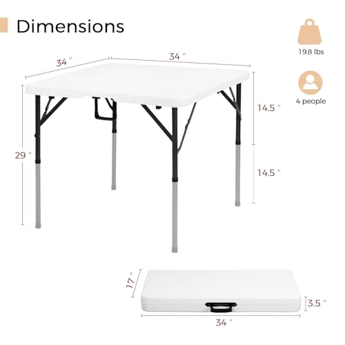 pollilar 34" Folding Card Table Square Foldable Table Plastic Portable with Detachable Legs, Dual Height Adjustable, Heavy-Duty Indoor Outdoor Dining, Game, Picnic, Mahjong Tables-White - color: White