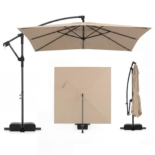 Tangkula 8x8 FT Patio Umbrella with Base Included, Square Offset Cantilever Outdoor Umbrella with 360 Degree Rotation, Crank Handle, Sandbags, 8 Ribs for Pool Deck Garden Backyard - color: Tan, size: 8 FT
