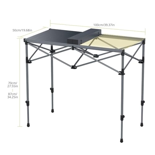 Anbte 34.2” Tall Camping Table Foldable, 2 Adjustable Height Large Roll Up Camping Table Support 264lbs with Storage Basket and Bag, Waterproof, for Travel BBQ Outdoor Patio, 39.4” x 19.7”, Black - color: Black, size: 39.4”L x 19.7”W x 34.2”H (2 heights)
