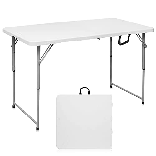 Byliable Folding Table 4 Foot Portable Heavy Duty Plastic Fold-in-Half Utility Table Small Indoor Outdoor Adjustable Height Folding with Carrying Handle, Camping and Party,White | Portable - color: White, size: 4FT