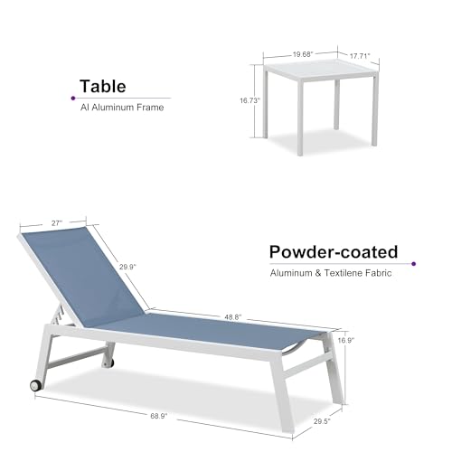 PURPLE LEAF Oversize Chaise Lounge Chair Outdoor 2 Pieces White Aluminum Lounge Chair with Wheels and Table for Pool Deck Patio, Indigo - color: Indigo, style: Oversize Inclining-leg