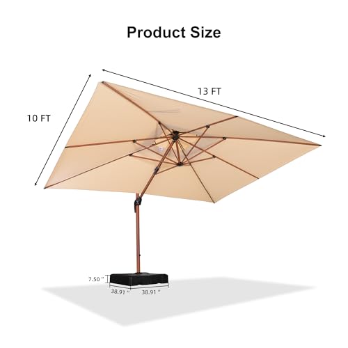 PURPLE LEAF 10' X 13' Double Top Deluxe Wood Pattern Rectangle Patio Umbrella with Base Offset Hanging Umbrella Outdoor Market Umbrella Garden Umbrella, Beige - color: Beige, size: 10'X13', style: Base Included