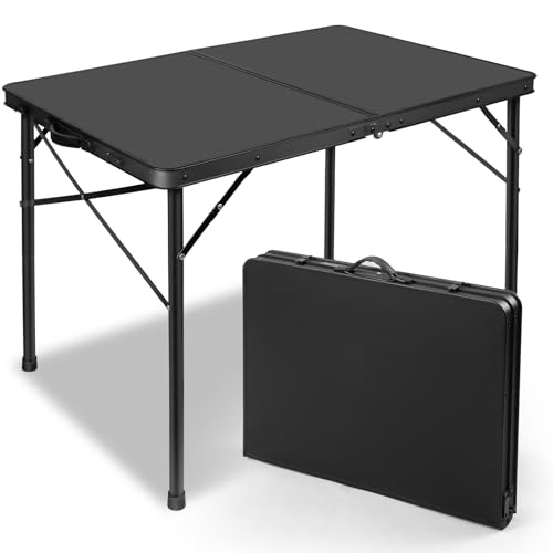 E EASTSTORM 35 inch Folding Table for 4 Person, Heavy-Duty Metal Tabletop, 2 Adjustable Height Camping Table, Portable Outdoor Table with Carrying Handle,for Patio, Picnic, Parties, BBQs, Black - color: Black-35inch