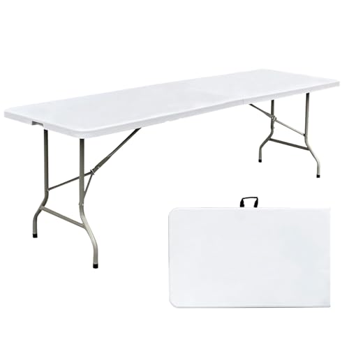 8ft Folding Table 96 inch, Heavy Duty 8 Foot Portable Plastic Foldable Table with Handle and Fold-in-Half Design, Blow Molded Tabletop for Outdoor, Indoor, Party, Dining and Camping, White - size: 8FT