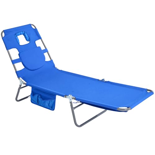 SUNNYFEEL Lay Flat Tanning Chair with Face Down Hole & Arm Slots, Backpack Beach Lounge Chair, 5-Position Folding Sunbathing Chair, 300 LBS Heavy Duty, 72" L x 22" W for Beach, Pool, Camping - color: Blue, size: Standard -1pcs