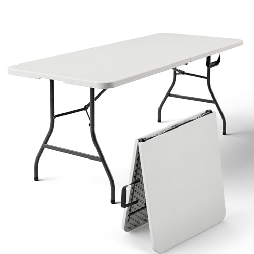 6ft Folding Table, Foldable Picnic Table Portable Table for Indoor Outdoor Use Heavy Duty Plastic Table Camping Table with Carry Handle for Party, BBQ, White - color: White, size: 72" L × 30" W