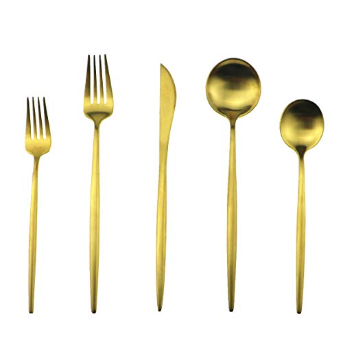 20-Piece 18/10 Stainless Steel Flatware Silverware, Luxury Dinnerware Set Travel Cutlery Tableware Include Knife Fork Spoon Service for 4,Healthy & Eco-Friendly Dishwasher Safe (Gold Matte) - color: Gold, size: Service for 4