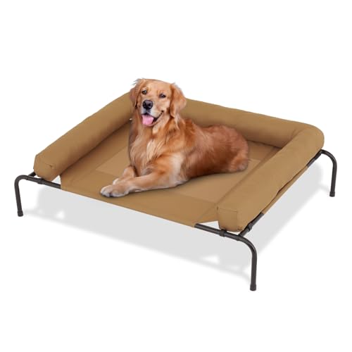 MoNiBloom Outdoor Elevated Dog Bed w/Removable Bolster, Portable Raised Outdoor Dog Bed with Stable Anti-Slip Feet & Breathable Mesh, 48 Inches Length, Light Brown - color: Light Brown, size: 48"L
