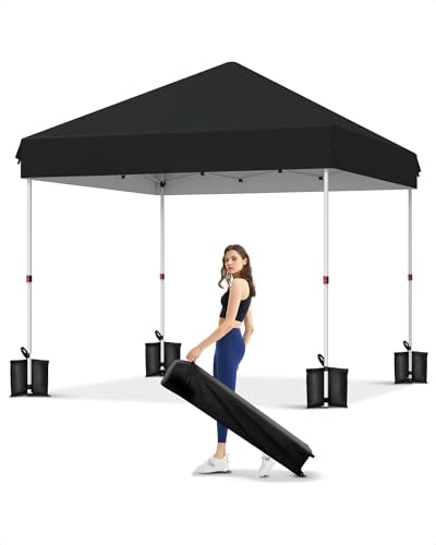GarveeLife 10x10 Pop Up Canopy with One Button Push Setup - Heavy Duty Outdoor Canopy Tent with Portable Roller Bag - 3 Adjustable Height, 4 Weight Bags, 8 Stakes & 4 Guy Ropes Included, Black - color: Black