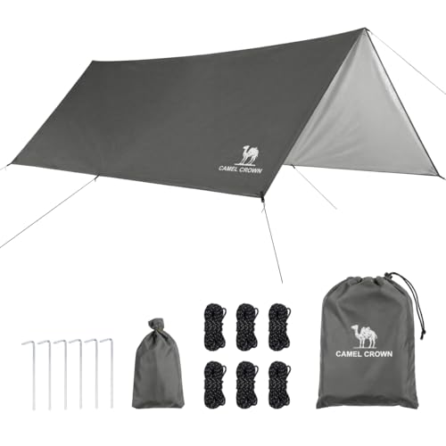CAMEL CROWN Camping Tarp,3000mm Waterproof & UPF 50+ Sun Protection Rain Fly Tarp - Lightweight Portable Camping Shelter with Stakes, Guy Lines & Carry Bag, for Hiking Backpacking Beach Picnic Shade - color: Cool Grey
