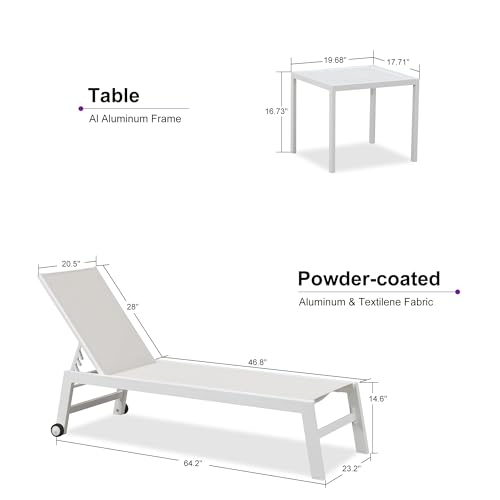 PURPLE LEAF Patio Lounge Chair 2 Pieces White Aluminum Outdoor Chaise Lounge for Pool Backyard Beach with Wheels and Table, Linen - color: Linen, style: Standard Inclining-leg