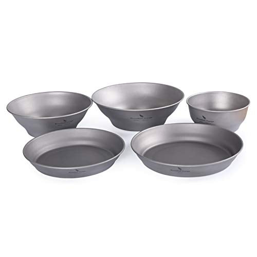 Boundless Voyage Ultralight Titanium Bowl Pan Plate Dish with Carry Bag Outdoor Camping Portable Tableware Cookware (5 Pcs Set (3 Bowls+2 Plates)) - color: 5 Pcs Set (3 Bowls+2 Plates)