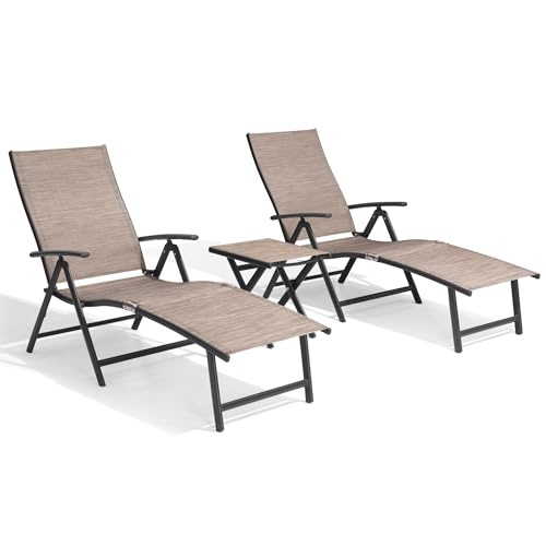 Crestlive Products 2PCS Chaise Lounge Chair Outdoor with 1PC Side Table, Aluminum Folding Patio Recliner Chair, Adjustable 8 Positions Assemble-Free - color: Espresso, size: 3 Pcs