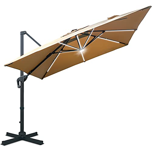 Sunnyglade 10x10ft Solar Powered LED Cantilever Patio Umbrella Square Deluxe Offset Umbrella 360°Rotation & Integrated Tilting System & LED lights for Market Garden Deck Pool Backyard Patio - color: Tan, size: 10X10FT