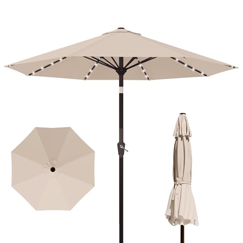 Kingdura 9FT Outdoor Patio Umbrella with Solar Lights, Market Table Umbrella with Push Button Tilt & Crank, 8 Sturdy Ribs, 32 LED Lights, UV Protection for Garden Lawn Deck Backyard Pool (Beige) - color: Beige-LED, size: 9 Ft