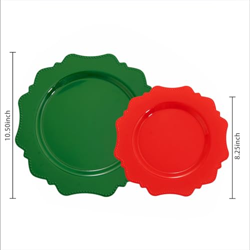 COLOSUS 100pcs Red and Green Plastic Plates, Red and Green Christmas Plastic Plates, Heavy Duty 25 Green/Red Dinner plate 10.5” and 25 Red/Green Salad/Dessert Plate 8.25” suite for Festival - color: Red and Green
