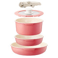 IKTU Ceramic Pots and Pans Set Non Stick Pink, 5Pcs Nonstick Cookware Set with Detachable Handle RV Camping Induction Kitchen Cookware Set Non Stick, PFAS PFOA & PTFE Free - color: Coral Pink