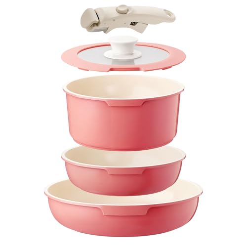 IKTU Ceramic Pots and Pans Set Non Stick Pink, 5Pcs Nonstick Cookware Set with Detachable Handle RV Camping Induction Kitchen Cookware Set Non Stick, PFAS PFOA & PTFE Free - color: Coral Pink