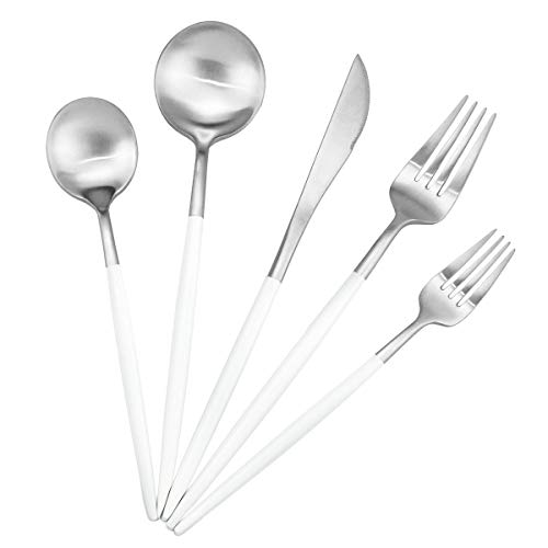 5-Piece Matte Silver Stainless Steel Satin Finish Flatware Set - Dishwasher Safe, Perfect for Camping, Office Lunch or Home Use - color: White Handle Silver, size: Service for 1