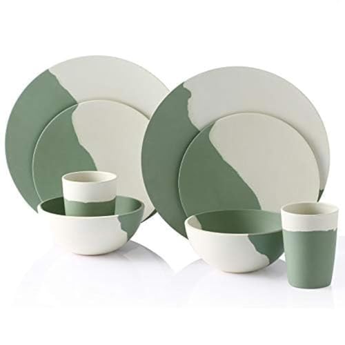 MORGIANA 8 pcs Bamboo Dinnerware Set Reusable Plates Bowls Sets, Camping Picnic Dishes Tableware Set for 2 (Green & White) - color: Green & White
