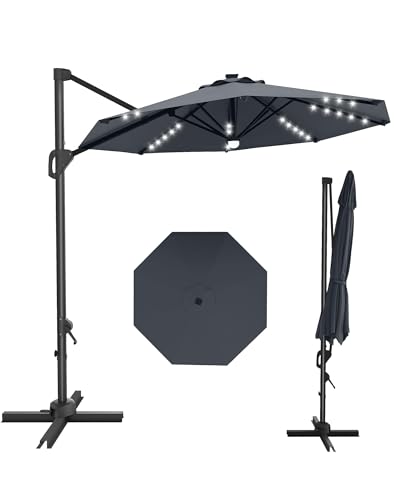 9ft Outdoor Patio Umbrella Heavy Duty 8 Ribs, Waterproof UV Protection Sun Shade with Crank Lift & Push Button Tilt, Outdoor Umbrella for Deck, Pool, Garden, Backyard, Lawn - color: Gray&Round-Lights, size: 10FT Roman