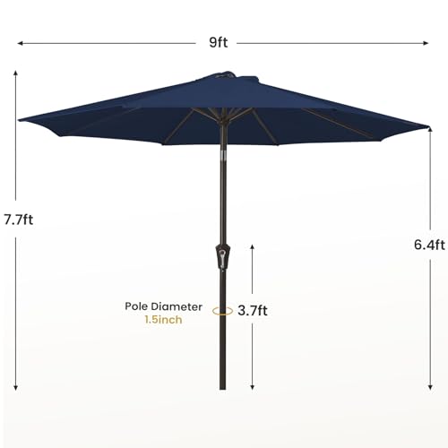 MEWAY 9ft Patio Umbrella Outdoor Table Umbrellas with Push Button Tilt and Crank, Market Umbrella 8 Sturdy Ribs for Deck, Garden, Pool and Backyard, Dark Blue - color: Dark Blue, size: 9ft