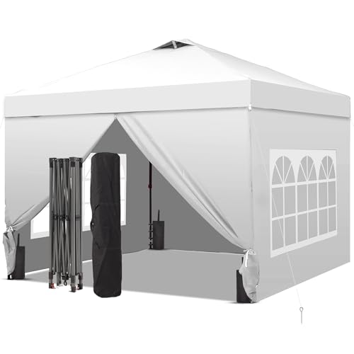 GDY 10x10 Pop Up Canopy Tent with 4 Sidewalls, Easy Set up with One Push Lift Outdoor Silver Coated Beach Gazebos, Carpas with 4 Sandbags, for Events, Parties,Camping, White. - color: White, size: 10x10 With 4 Sidewall