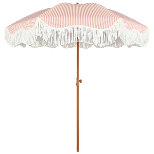 AMMSUN Boho Fringe Umbrella Outdoor Patio, 6.5ft UPF50+ Picnic Umbrella with Tassels with Steel Pole and Push Button Tilt, Pink Stripe - color: Pink Stripe