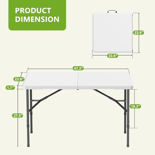 4 Ft Plastic Folding Table,Heavy Duty Portable Table for Indoor & Outdoor,350lbs Weight Capacity,Premium Solutions for Camping,Picnic,BBQ and Party - size: 4 ft (1-Pack) - White