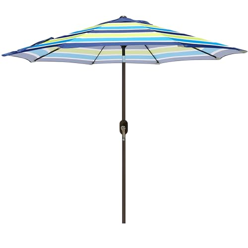Blissun 9' Outdoor Patio Umbrella, Outdoor Table Umbrella, Yard Umbrella, Market Umbrella with 8 Sturdy Ribs, Push Button Tilt and Crank - color: Blue & Green Stripe