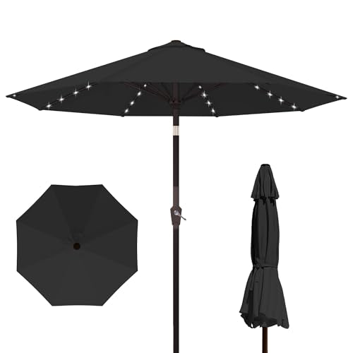 Kingdura 9FT Outdoor Patio Umbrella with Solar Lights, Market Table Umbrella with Push Button Tilt & Crank, 8 Sturdy Ribs, 32 LED Lights, UV Protection for Garden Lawn Deck Backyard Pool (Black) - color: Black-LED, size: 9 Ft