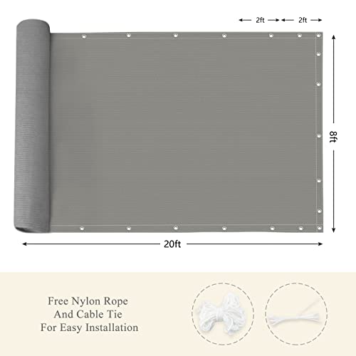 90% Outdoor Sun Shade Cloth, 8' x 20', Pergola, Deck, and Backyard Patio Sunshade with UV Protection, Heat Resistant HDPE Material, Reinforced Grommets (8x20 FT, Grey) - color: 3-grey, size: 8x20 FT