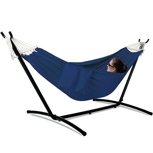 Gafete Double Hammock with Stand for Outside, Upgraded Spreader Bar, Heavy Duty Space Saving Steel Stand 2 Person, Side Pockets, Easy Assembly, 600lbs Weight Capacity, Indoor & Outdoor (Navy Blue) - color: Navy Blue