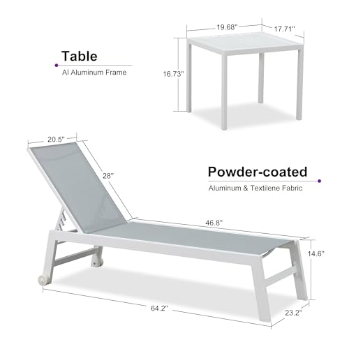 PURPLE LEAF Patio Lounge Chair 2 Pieces White Aluminum Outdoor Chaise Lounge for Pool Backyard Beach with Wheels and Table, Mixed Color - color: Mixed Color, style: Standard Inclining-leg