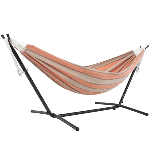 Vivere Double Sunbrella Hammock with Space-Saving Steel Stand, Heavy-Duty Portable Outdoor Hammock Set for Backyard, Patio, or Travel, Cameo - color: Cameo